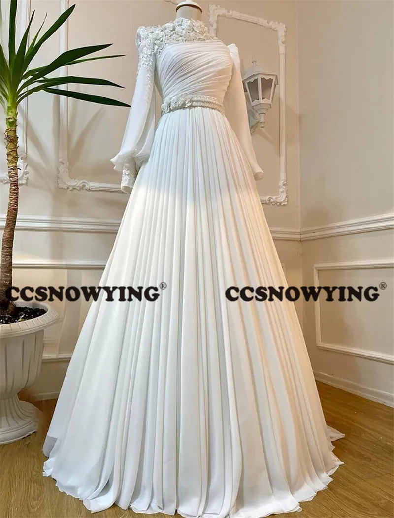 Chiffon Flowers Long Sleeve Muslim Wedding Dress for Bride High Neck Hijab Islamic Bridal Gowns Pearls Arabic Robe De Mariée