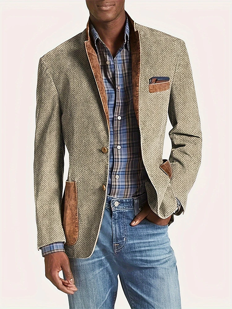 Antakodo Men's Fake Imitation Denim Casual Blazer Lapel Single-breasted Gentleman Daily Jacket Multiple Pockets Male Jackets