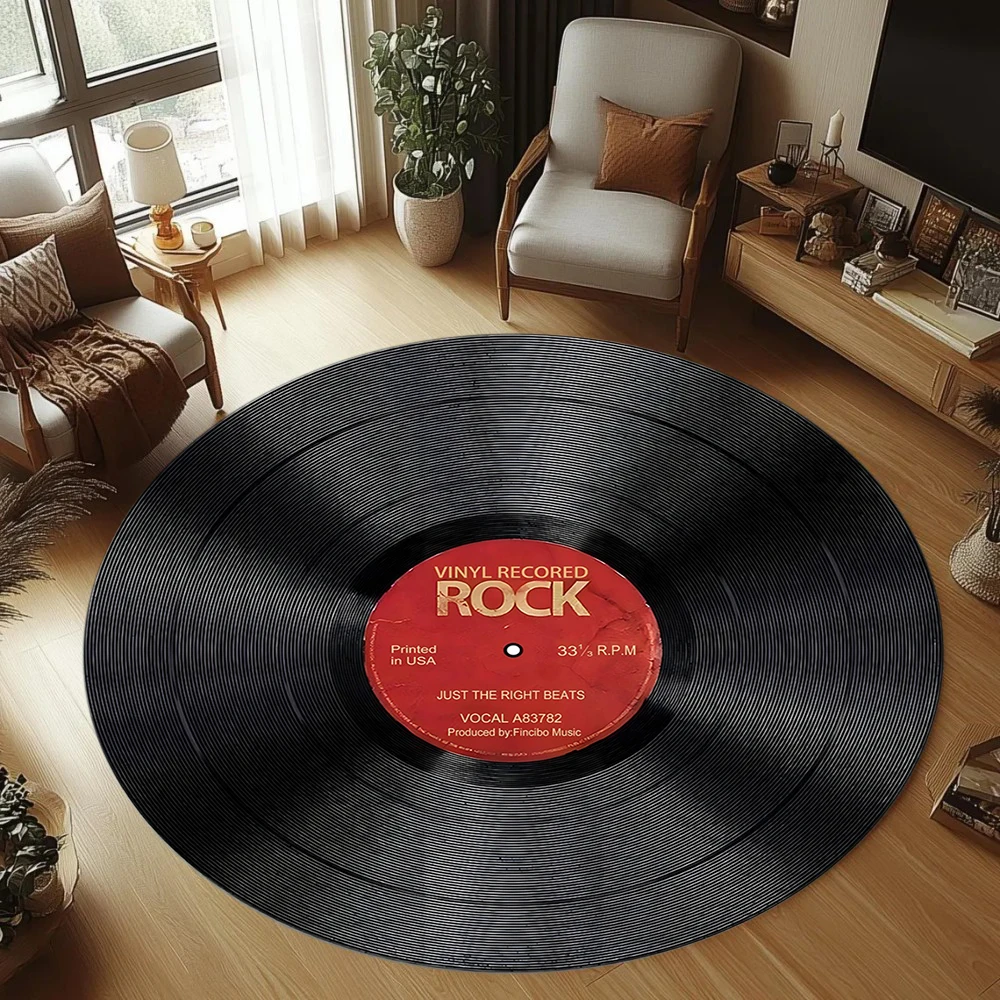 Non-Slip Round Carpet, Vintage Vinyl Record Red Mat for Home, Office Easy To Clean Rug Cushion for Living Room