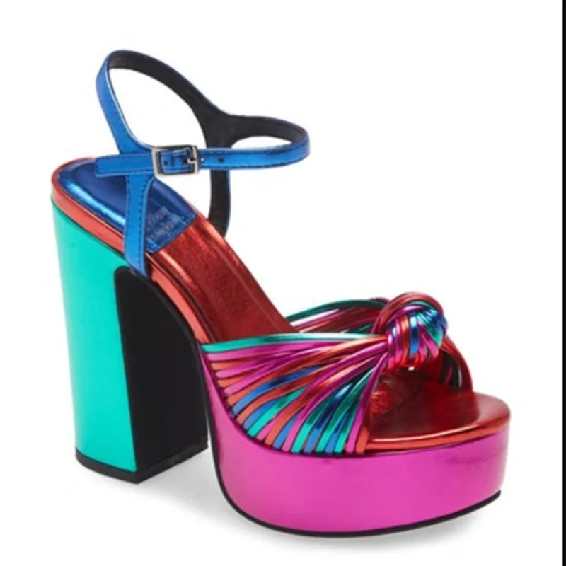 Summer European American New One Strap High Heels Platform Chunky Heel Colorful Straps Peep Toe Sandals Women image 3
