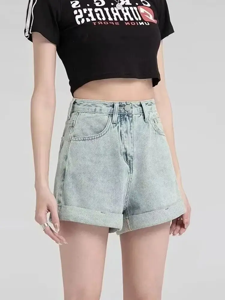 

Уличный стиль, мини-брюки с высокой талией для молодых девушек, женские повседневные прямые шорты, женские летние тонкие джинсовые шорты с загнутыми краями