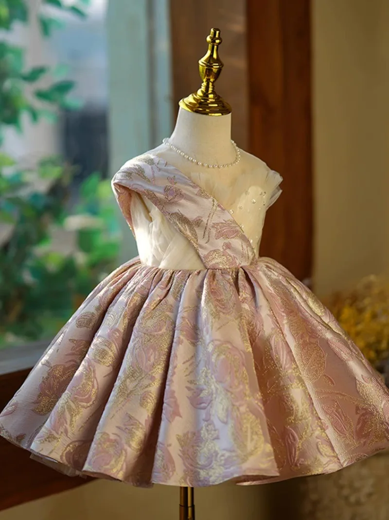 luxury Girls Princess Jacquard sequin Retro court Children Wedding Gown Sleeveless Kids Dresses baby infant Birthday Party Dress