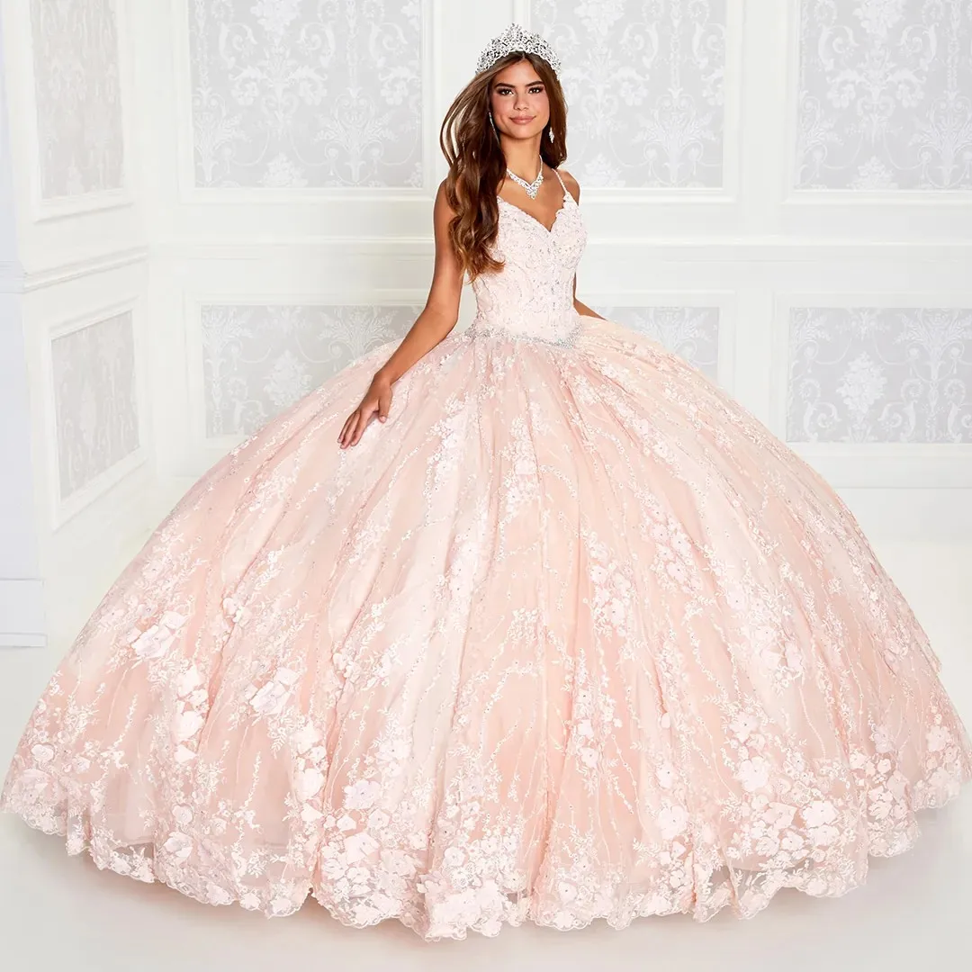 Blush Pink Quinceanera abiti Ball Gown Spaghetti Straps Tulle Lace Puffy Mexican Sweet 16 abiti chapro 15 Anos