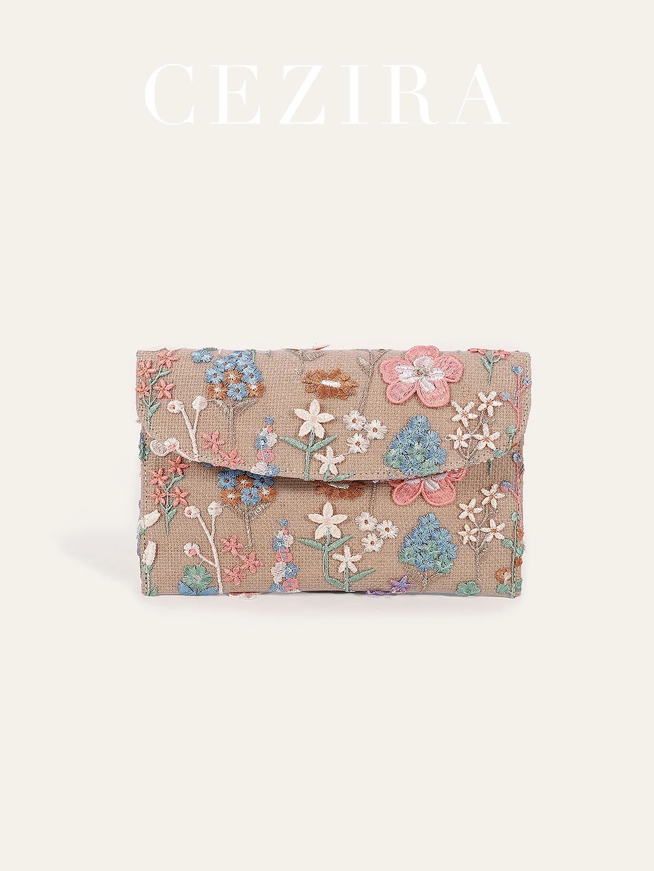 

CEZIRA Vacation Style Women's Floral Embroidery Cotton & Linen Woven Clutch Bag Flap Cover Random Flower Pattern Square Handbag