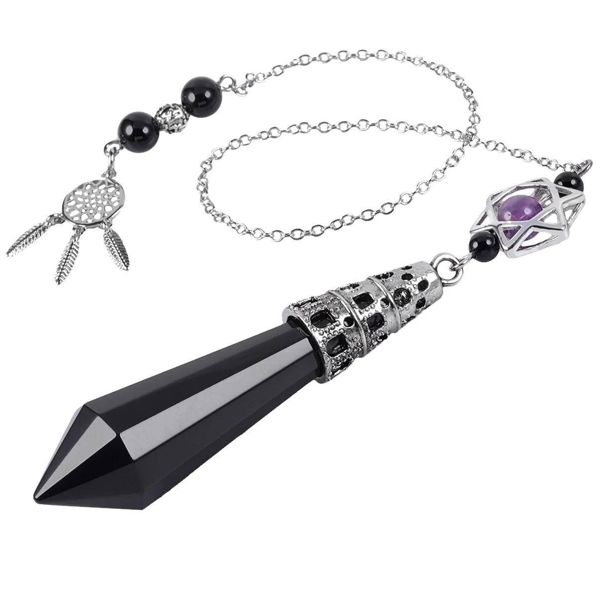 Natural Crystal Hexagonal Column Stone Dowsing Reiki Energy Pendant Pendulum Catcher Dream Star Charm Bead Chain Pendulo Jewelry