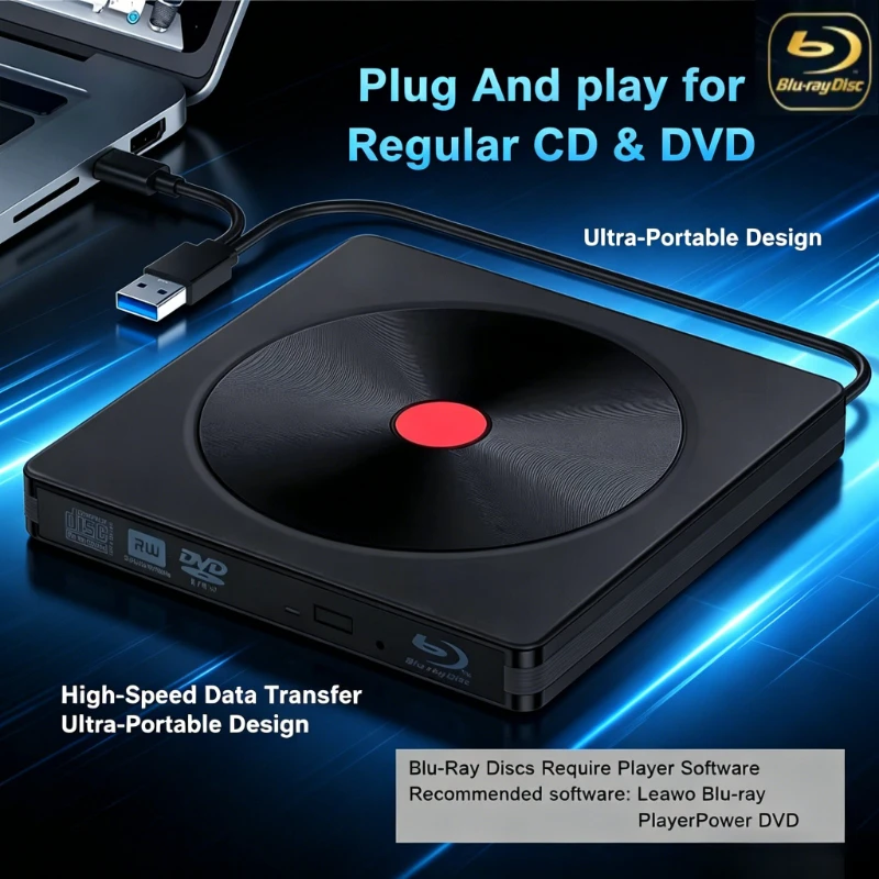

External Blu-ray Drive, USB 3.0 & Type-C BD Reader, DVD/CD Burner – Portable Blu-ray Player for Laptop PC, Windows/Linux/Mac OS
