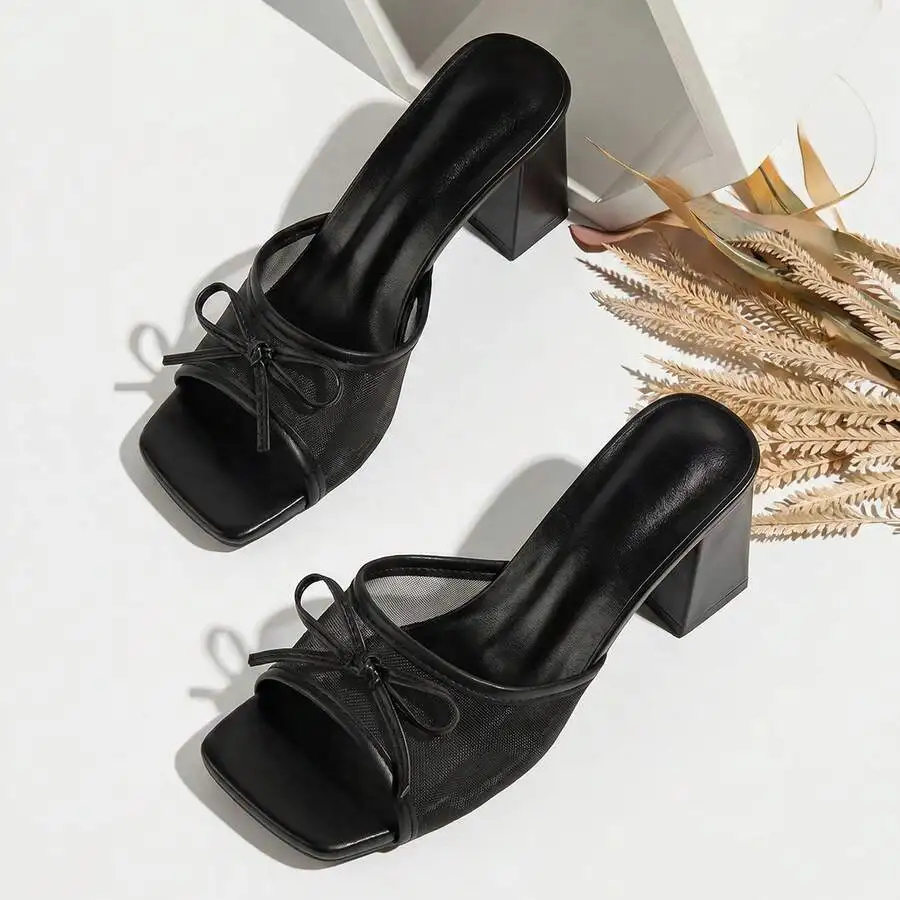

Womens Bow Square Toe Mules Chunky Heel Sandals Summer Dress Shoes
