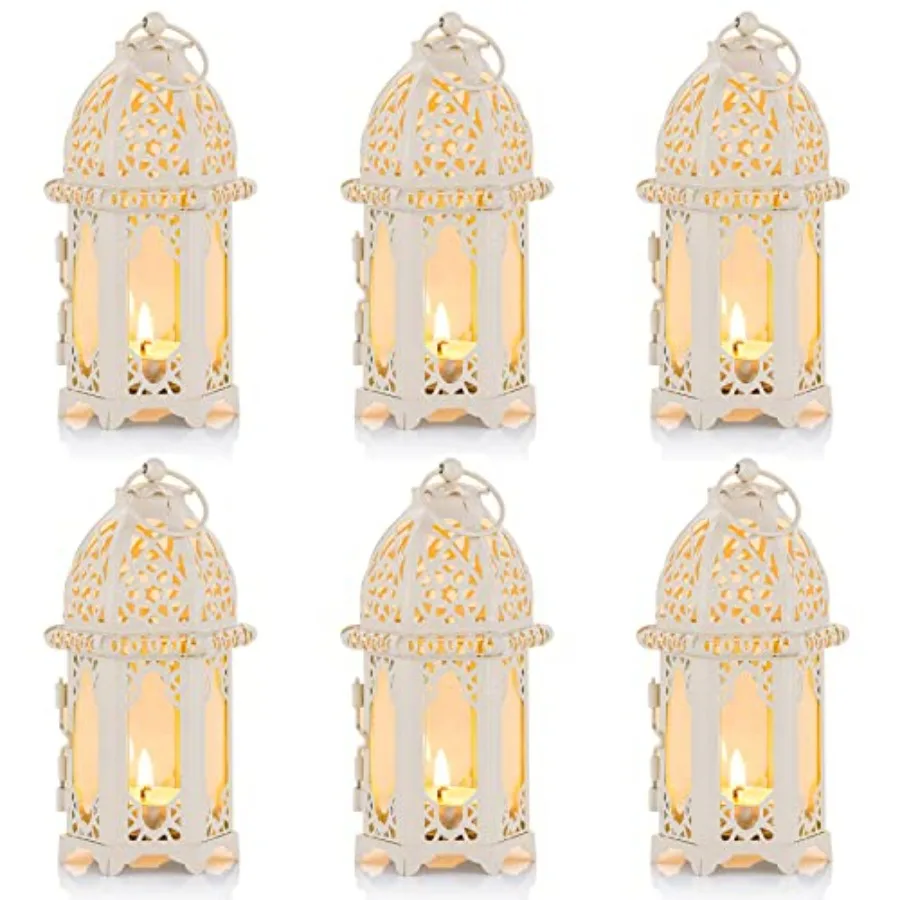 6 Pcs Moroccan Style Candle Lantern - Small Sized Tealight Candle Holder with Transparent Glass Panels Great for Patio Indoors/