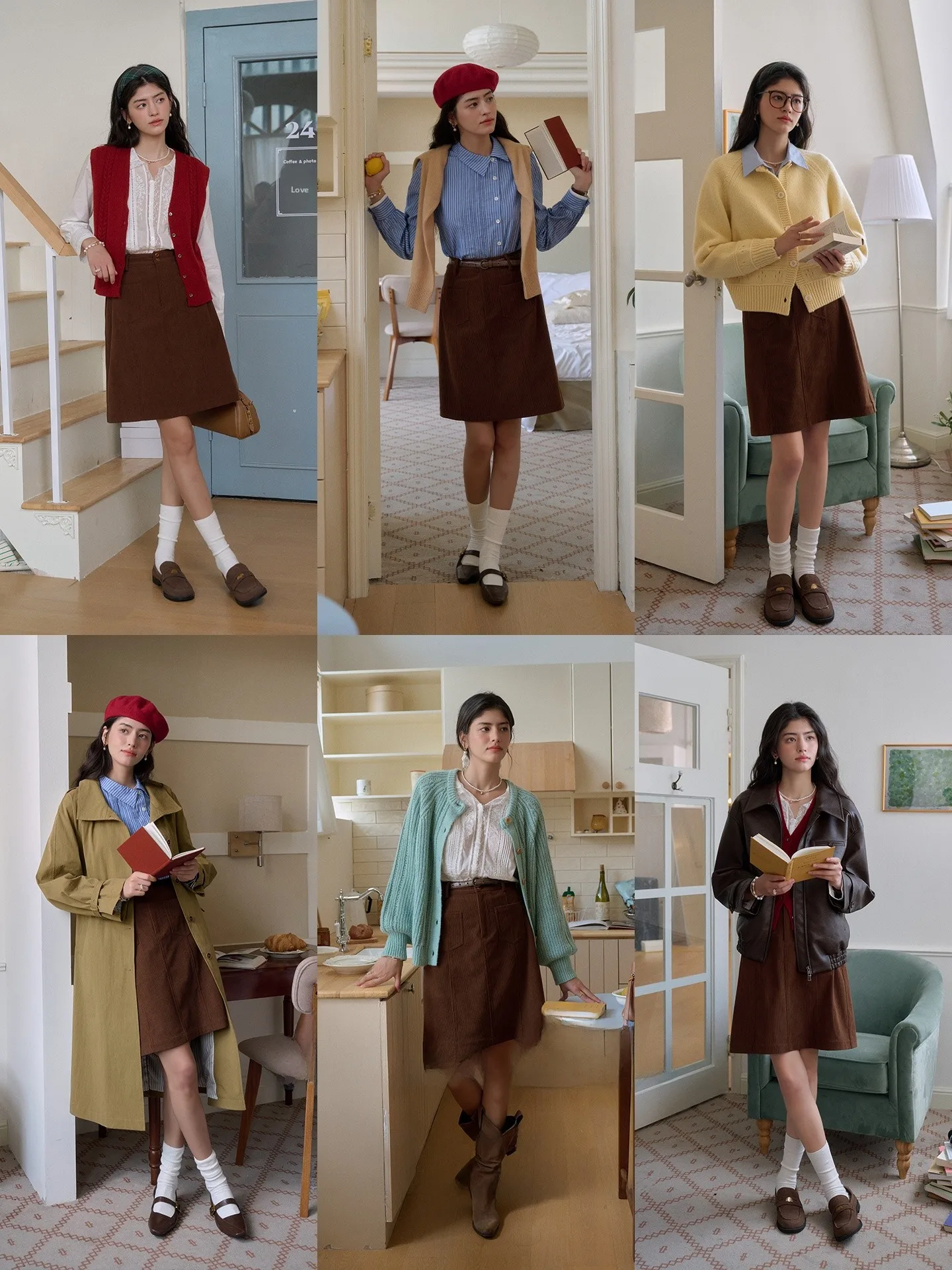 SimpleRetro High Waist Corduroy A-Line  Skirt Women's Spring Fashion Basic Style Leaf Diary Simple Design Polyester Fiber