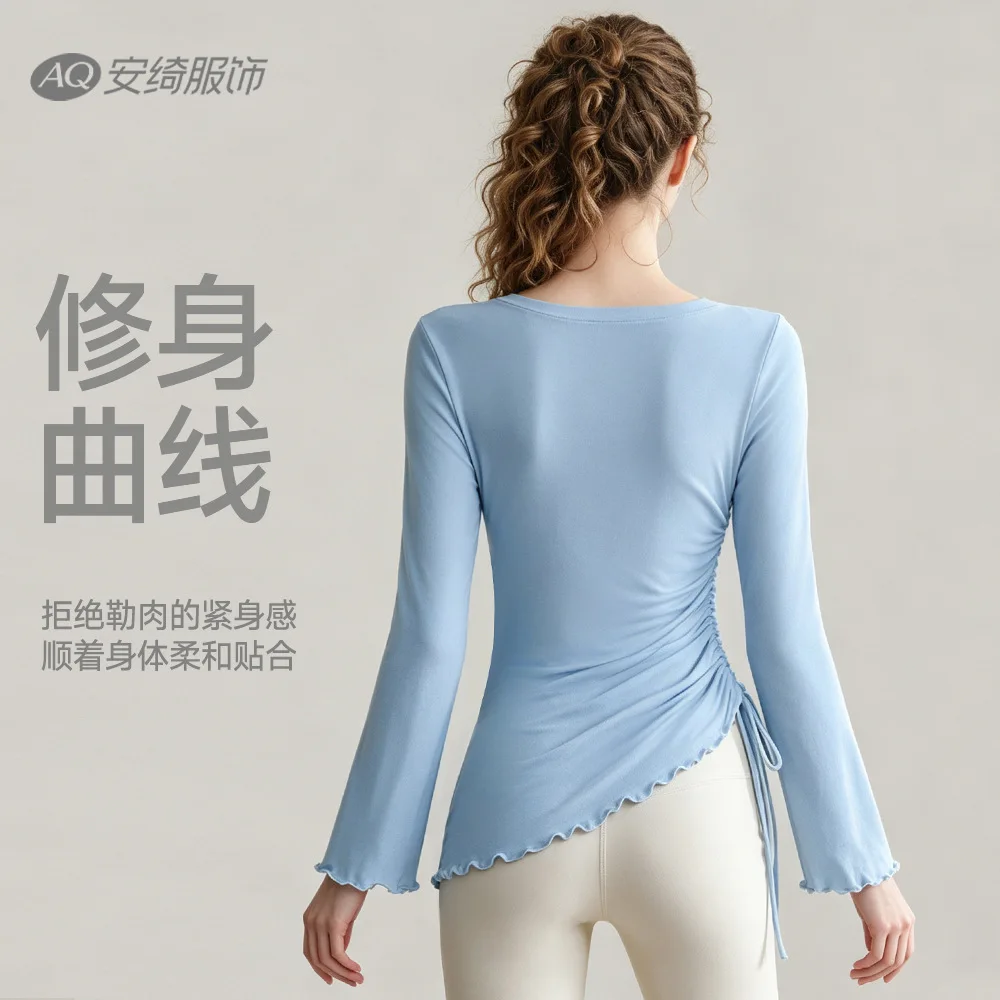 Women's fitness suit drawstring pleated Pilates training long sleeved quick drying outerwear autumn/winter yoga top