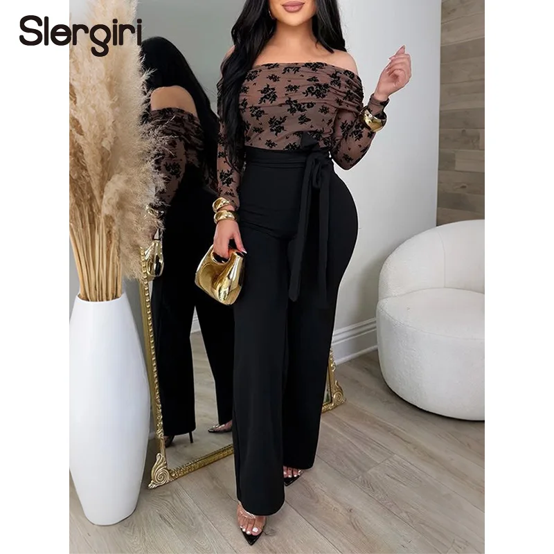 Slergiri Elegant Floral Off Shoulder Belted Jumpsuit Women New High Waist Long Sleeve Office Ladies Party Straight Leg Pants