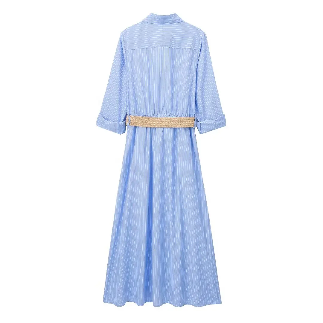 TRAF Blue Striped Shirt Dress Woman Belt Button Midi Dresses for Women Long Sleeve Office Female Dress Summer Long Dress Women