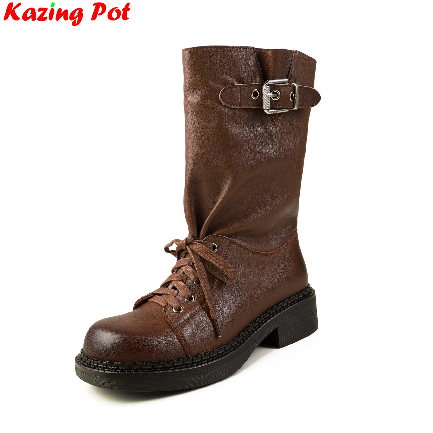 Cow Skin Round Toe Retro Med Heels Modern Western Boots Warm Winter Shoes Catwalk Dating Belt Buckle Brand Women Mid-calf Boots