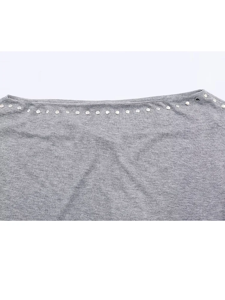 HH mujer elegante cuello oblicuo remache decoración camiseta mujer Chic Casual manga de murciélago manga larga primavera sólido 3 colores Tops