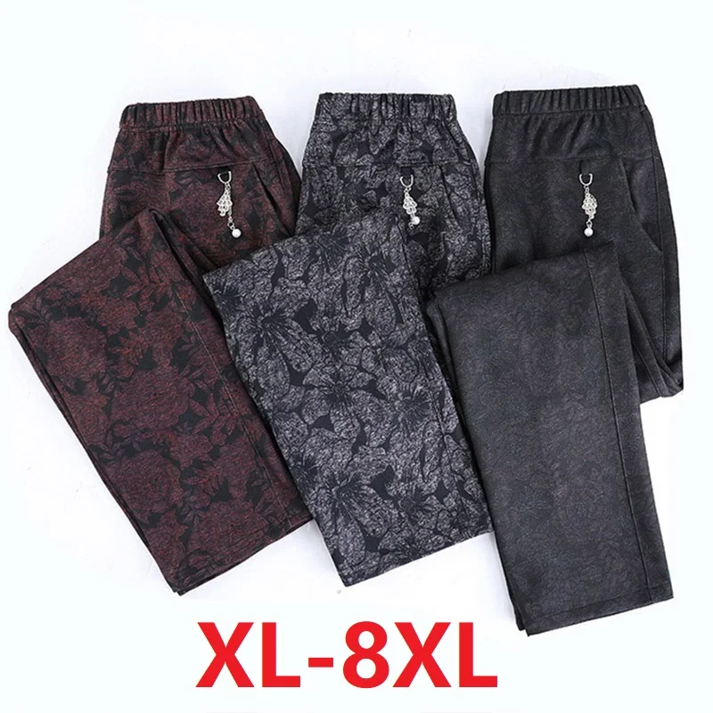 Spring Autumn Women Pants New Print Elastic High Waist Casual Pants Middle Aged Female Winter Velvet Warm Straight Pants XL-8XL