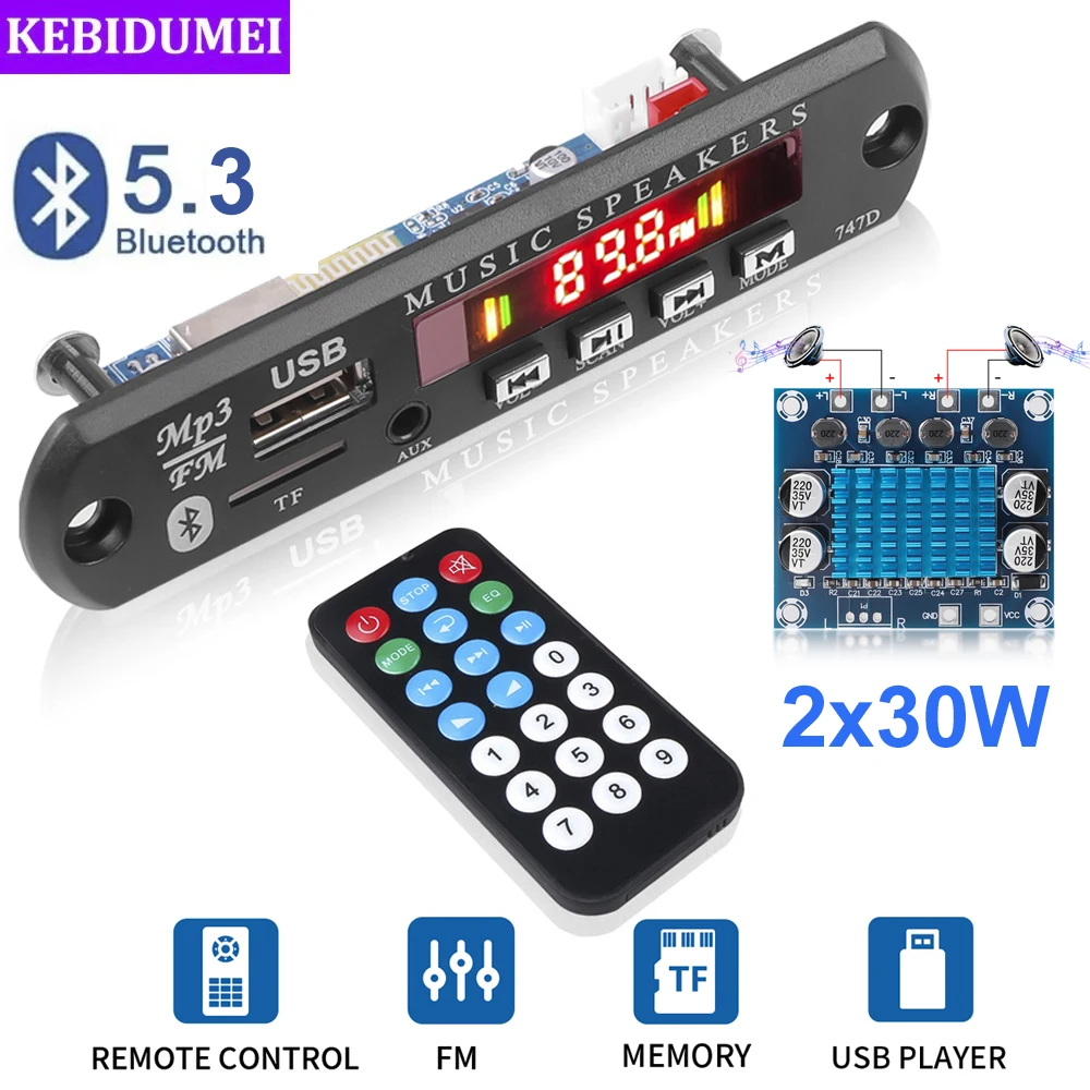 60W Amplifier Bluetooth 5.3 MP3 Decoder Board 9V 12V MP3 Player Car FM Radio Module Support USB SD TF AUX With Remote Control