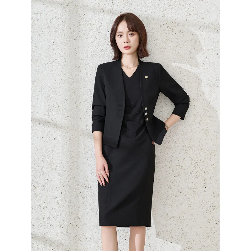 

Gray collarless blazer for women2025New Spring and Autumn Petite Vest Dress and Blazer Two-Piece Set