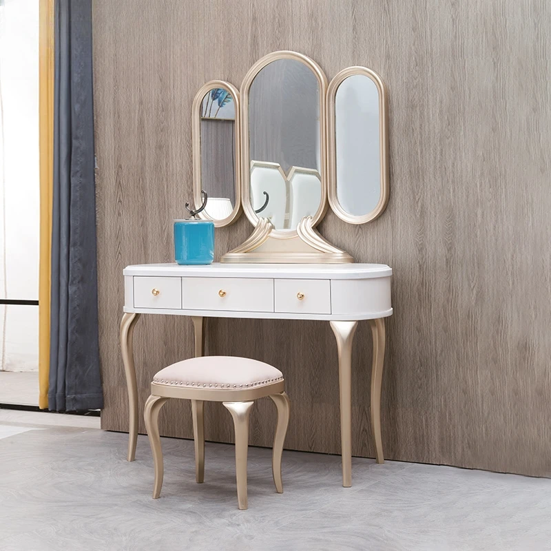 Moderner Luxus Massivholz Schmink tisch und minimalist ische kleine Einheit Schlafzimmer Make-up Spiegel und Stuhl Kombination