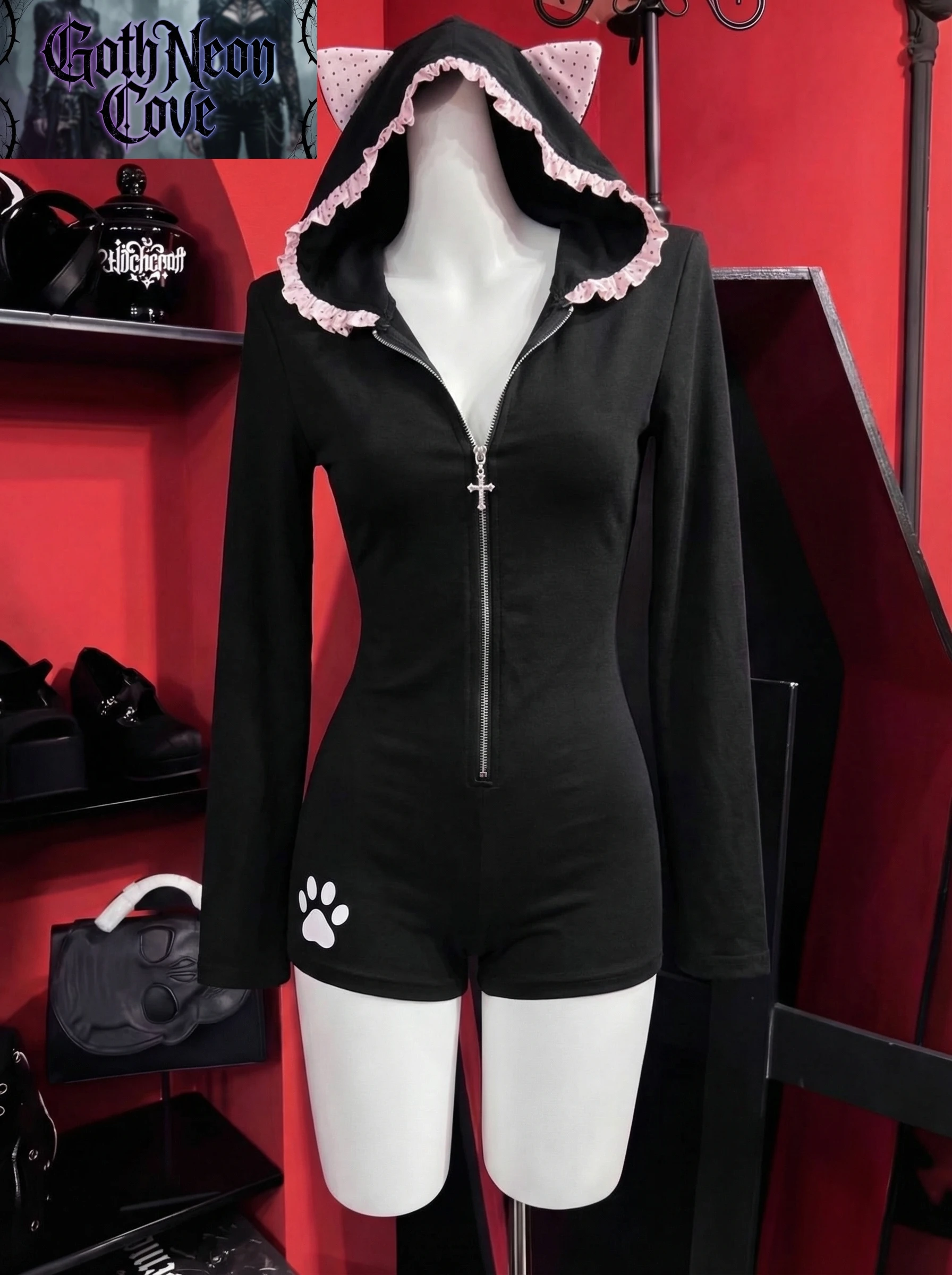 Spring Summer Japanese Sweet Y2K Short Jumpsuit Women's Long Sleeve Zipper Cartoon Slim Hooded Jumpsuit Casual Harajuku Clothing