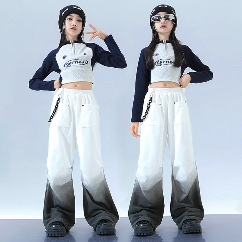 Kpop ชุดเวทีเด็กเสื้อผ้า JAZZ Dancewear Crop Tops สีขาว Shuffle กางเกง Cool Streetwear สาว Hip Hop เสื้อผ้า VDL1943