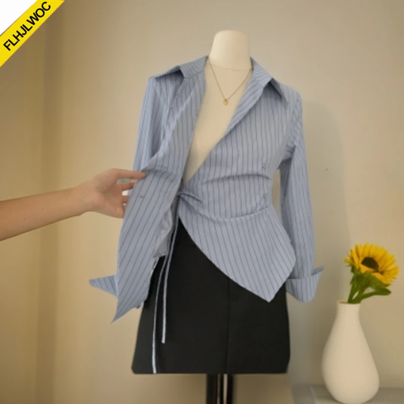 Chic Style coréen Peplum hauts Blouses nouveau 2025 à manches longues filles Style Preppy taille mince conception blanc bouton bleu rayé chemises