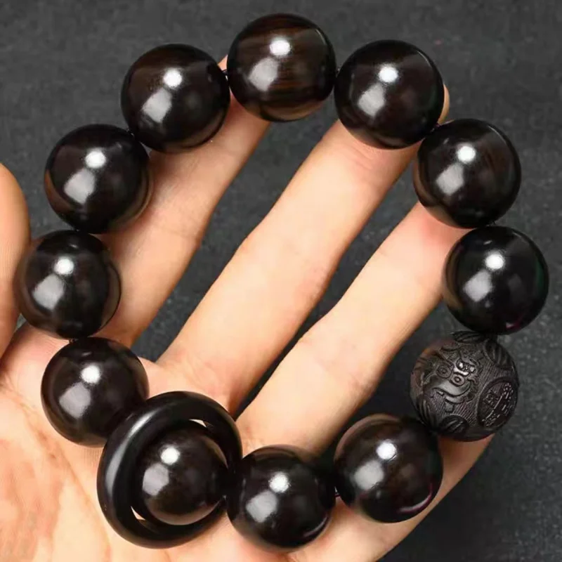 

Natural Black Ebony Bracelet Single Circle In Stock Wholesale Silk Ebony Small Leaf Rosewood Buddhist Beads Men's Ethnic Style B