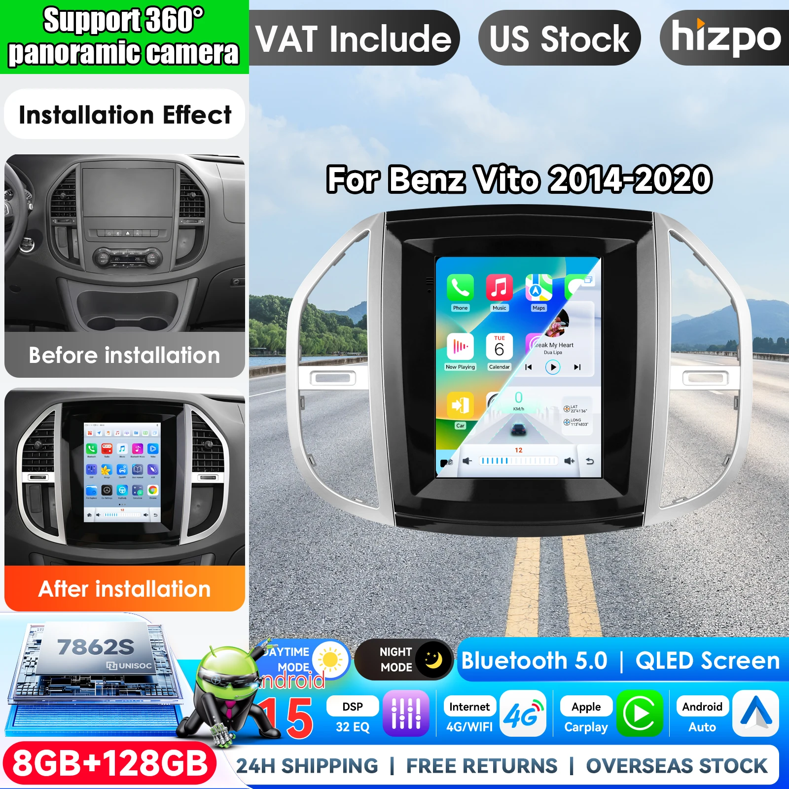Hizpo Autoradio Stereo-Headunit 9,7 Zoll Vertikaler Bildschirm Android Autoradio für Mercedes Benz Vito 2014 - 2022 Intelligente Fahrzeugsysteme im Tesla-Stil Carplay 4GLTE Auto-Multimedia-Player