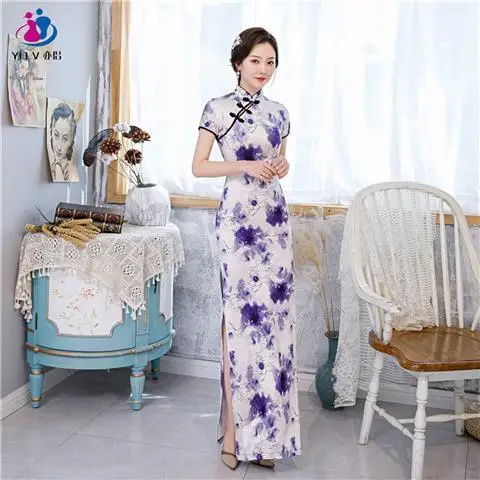 Chinese Style Retro Traditional Cheongsam Printed Qipao New Year Party Silk Long Dress Women Sexy Nightclub Hanfu Qi Pao Vintage