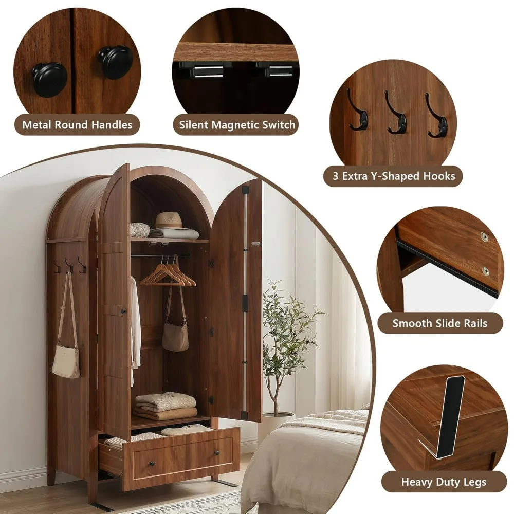 

Armoire Wardrobe Closet with Drawer & 2 Arched Doors, 70.3'' Tall Wood Closet Organizer with Hanging Rod & 3 Hooks, Customized