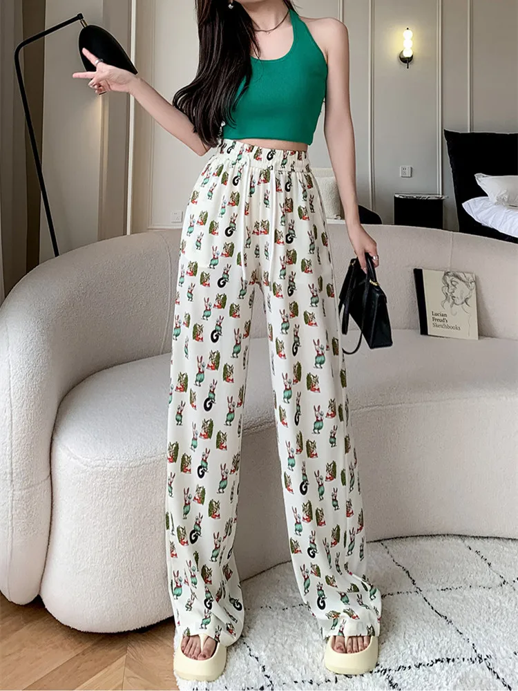 Printed Wide Leg Pants Women Summer Thin Chiffon Ice Silk Beach Vacation Skirt Bottoms Beach Casual Shaky Chic Pants