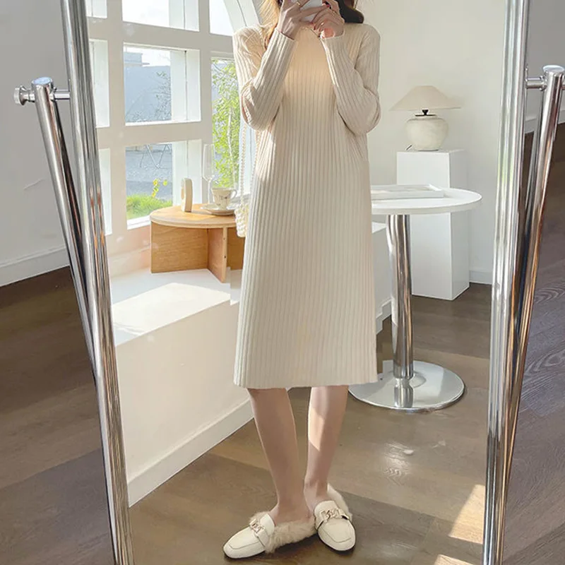 Autumn and Winter New Mid To Long Loose and Slimming Fashionable and Stylish Long Sleeved Base Knitted Dress for Women E2856