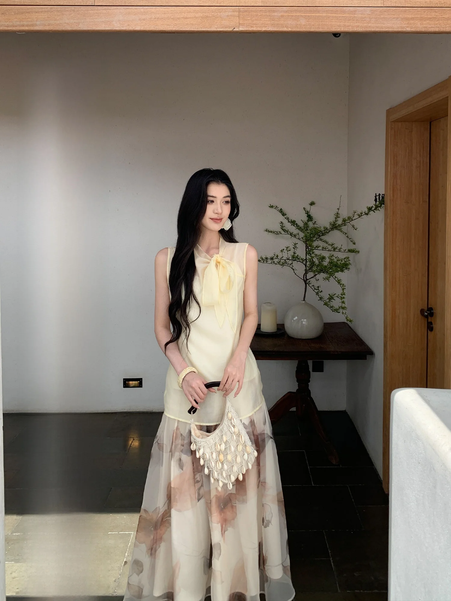 

Весенний комплект: женская рубашка и юбка-халтер, свободный крой, круглый вырез, из смесового волокна Lenzing Lyocell, H-образный жилет, весна-лето