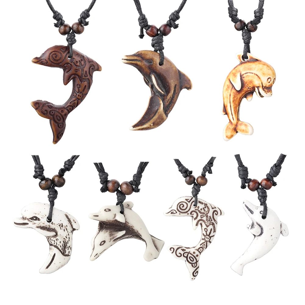 

12Pcs Dolphin Coqui Taino Symbol Pendant Necklace Adjustable Faux Yak Bone Dolphin Necklace Hawaii Surfer Maori Island Jewelry