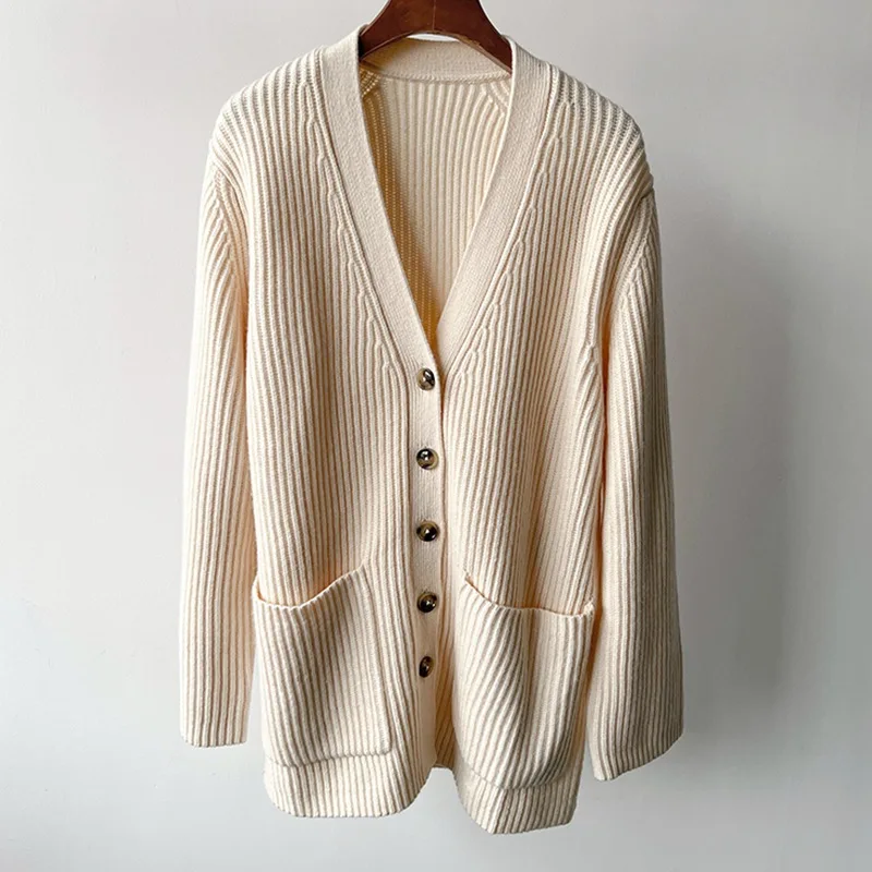 100% Wool Sweater Loose V-neck Single Breasted Rib Knitted Coat Cardigan for Lady