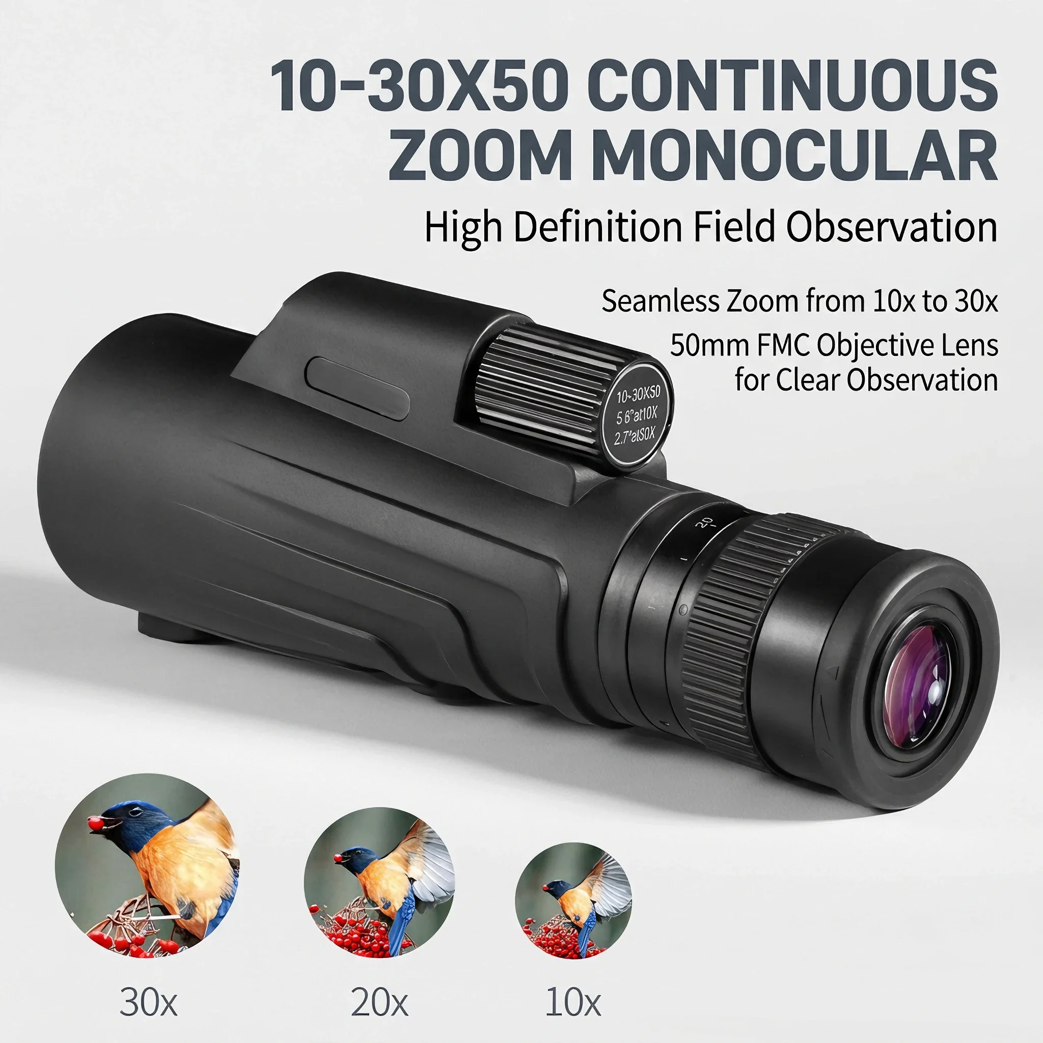 10-30x50 Monocular, HD High Power Telescope with FMC Lens BAK4 Prism, Ideal for Bird Watching Hunting Hiking Camping