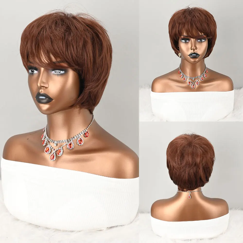 

Reddish Brown Short Layered Pixie Wig with Bangs Heat Resistant Synthetic Fiber Hair Wig for Women Natural Daily Cosplay Wig