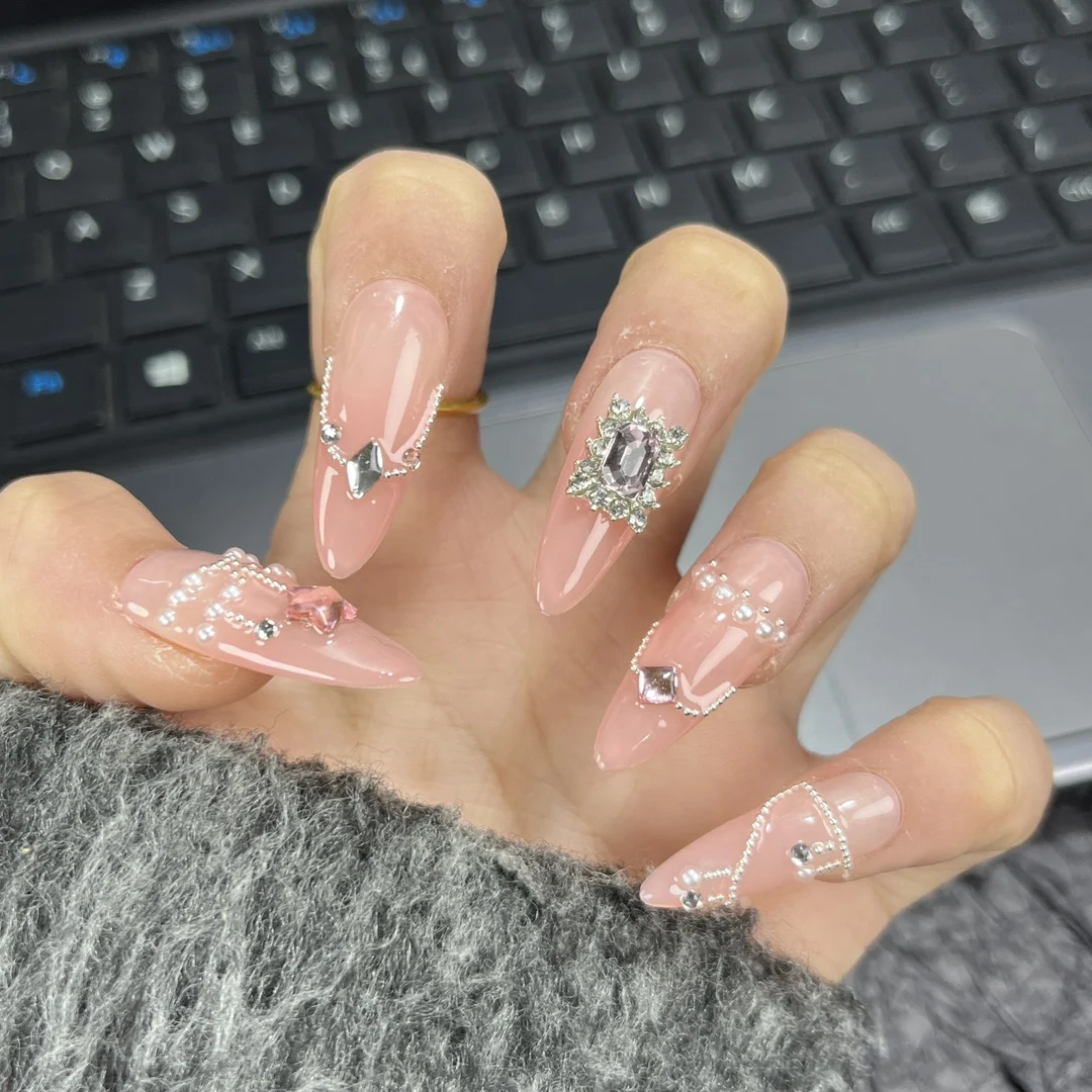 Handpainted Star Love Beauty Long Pointed Press On Nails,Luxurious Style,New Arrival,Whitening Effect,Removable and Reusable.