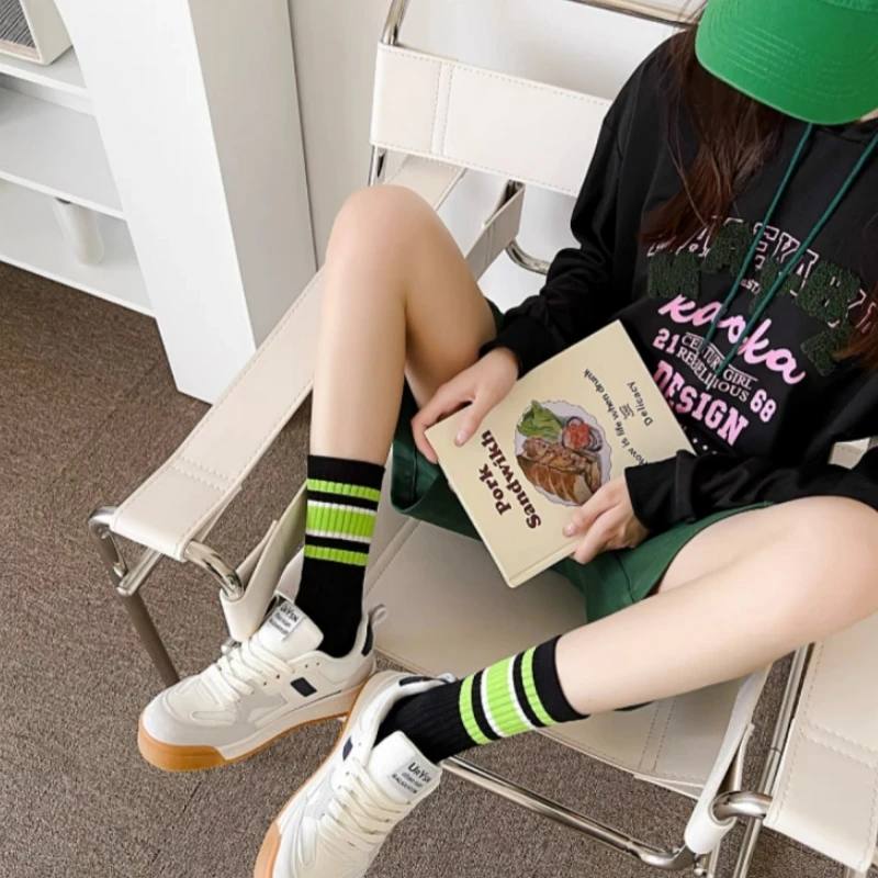 5 Double women and girls Spring and autumn mid-tube socks solid color figure preppy striped street sports cotton socks