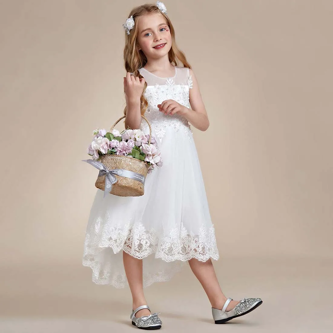 YZYmanualroom-vestido elegante de encaje para niña, vestido de flores de línea a alta y baja, sin mangas, 2-15T