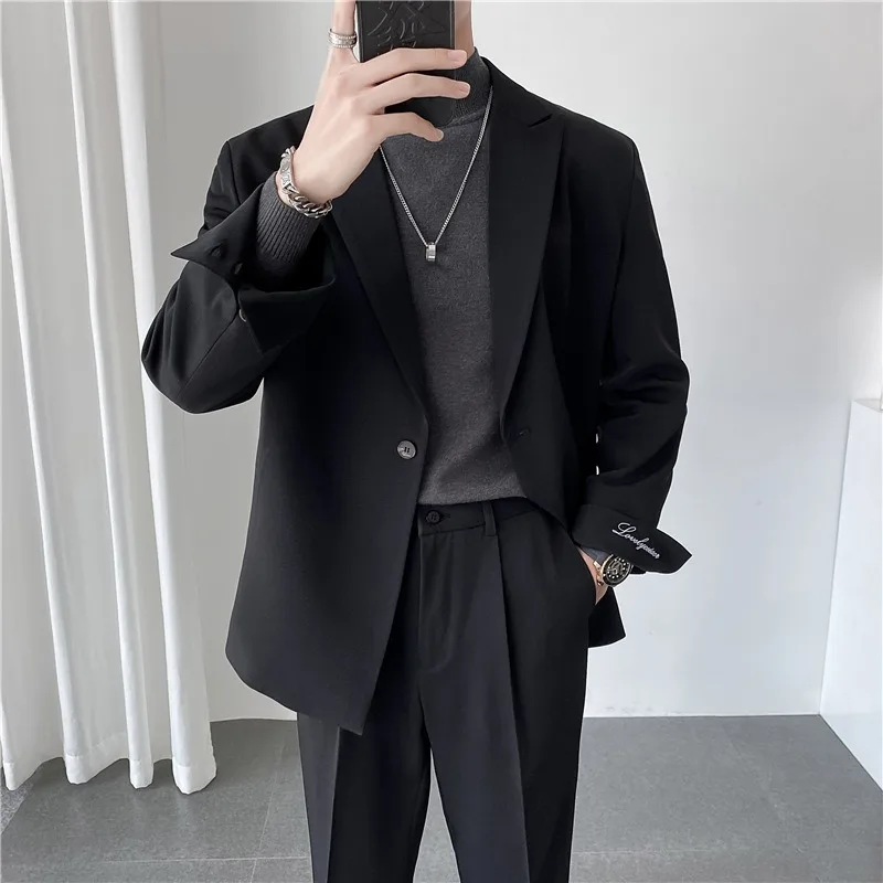 KIDWHXR Anzugjacke für Herren, koreanischer Stil, einreihig, locker geschnitten, lässiger Herren-Blazer, schlicht, einfarbig, langärmlig, vielseitige Herren-Oberbekleidung – Detail 5
