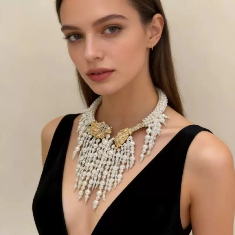 Hand-woven pearl tassel choker with embossed sparkling lion head necklace