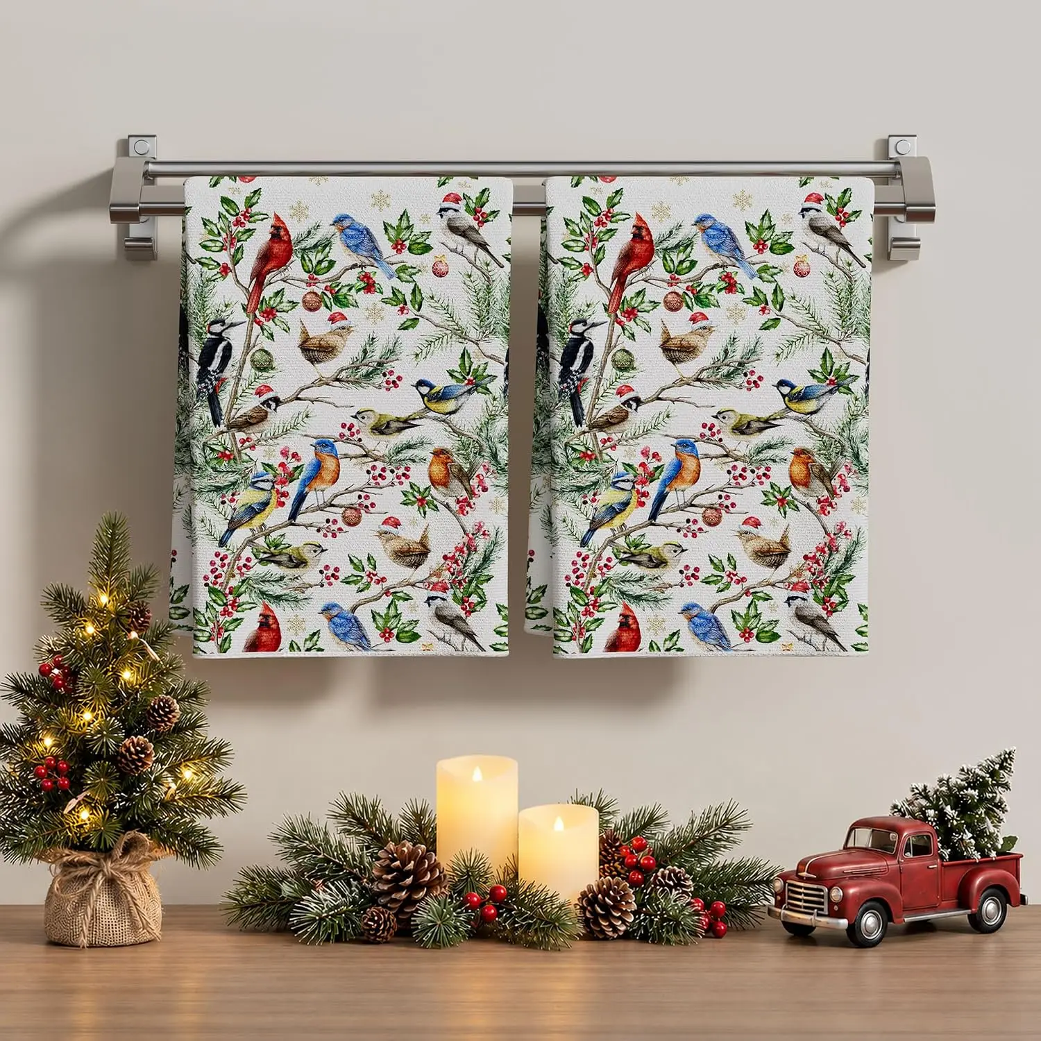 Christmas Pine Tree Branches Cardinal Kitchen Dish Tea Towels Cleaning Supplies Quick Drying Bar Hand Dishcloths Christmas Decor