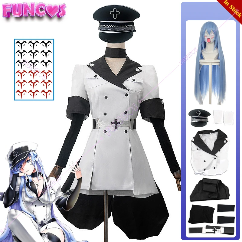 Anime Akame Ga KILL! Jaegers Esdeath Esdese Cosplay Costume Wig Hat Tattoo Sticker Long Blue Hair Belt Stockings Coat Sleeves