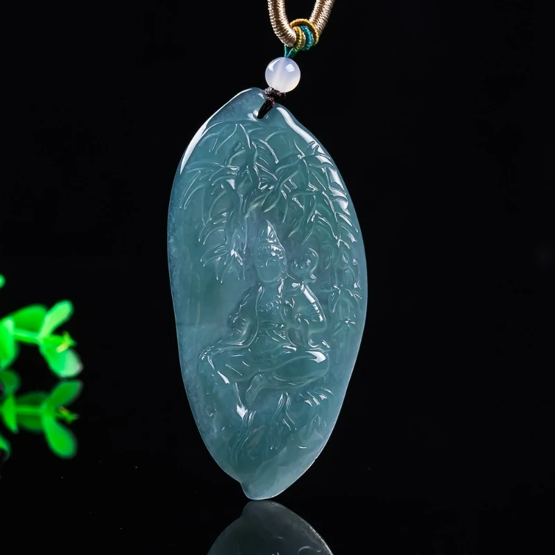 

Натуральный жадеит, голубая вода, изысканно резной бамбуковый лес, нефритовое ожерелье Гуаньинь, кулон, модный простой персонализированный амулет