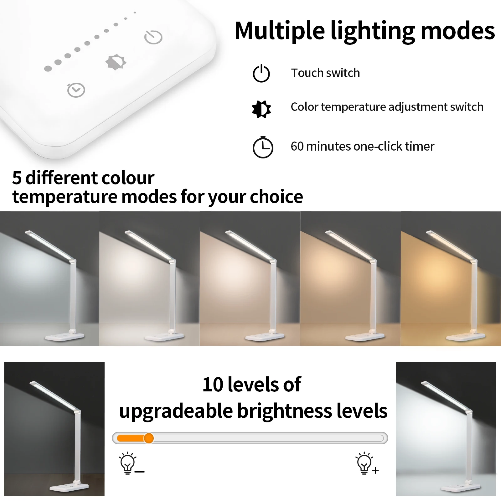 LQWELL LED Desk Lamp Dimmable Metal Material 5 Colors and 10 Brightness Levels Eye-Friendly Bedside Lamp with USB Charging