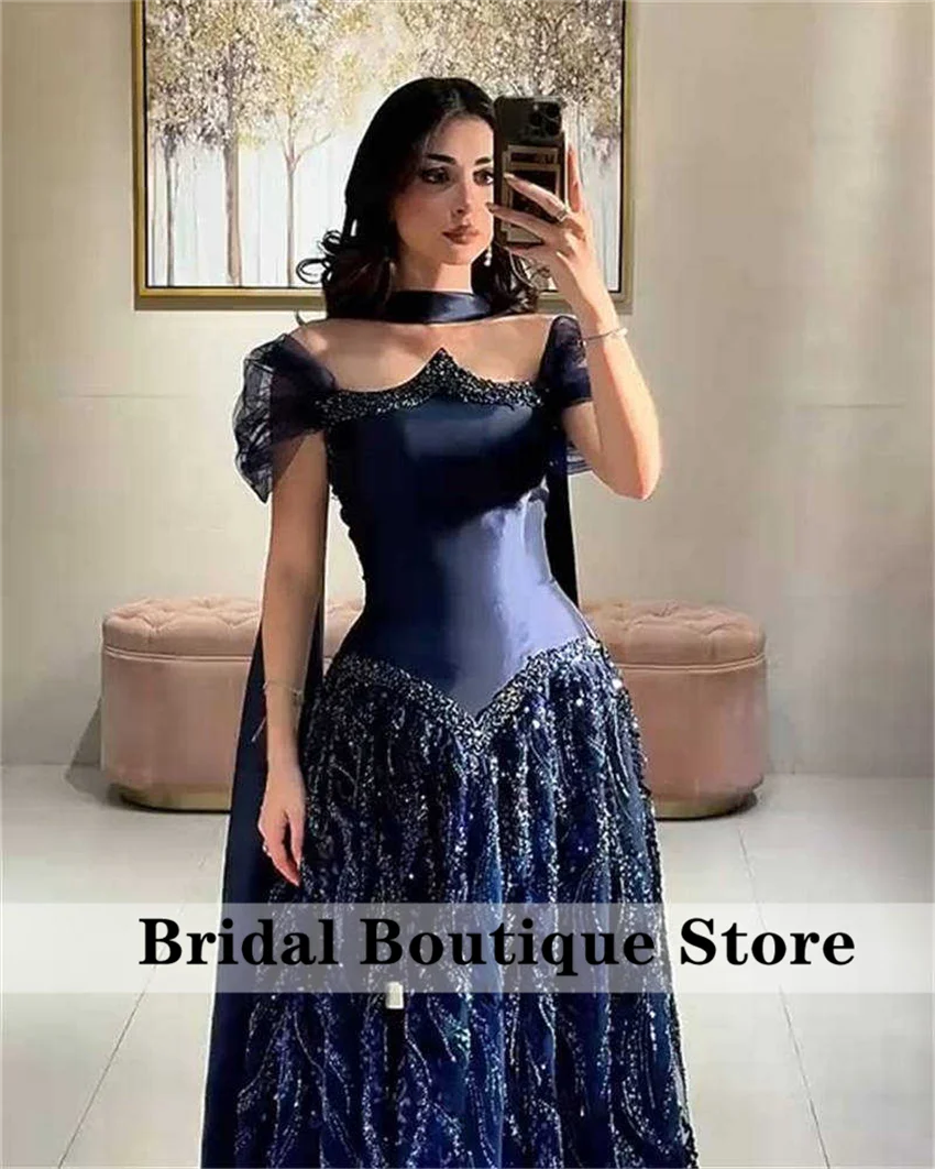 

Elegant Beading Saudi Arabia Navy Blue Evening Dresses Crystals Wedding Party Gown فساتين سهرة Prom Dress Customized