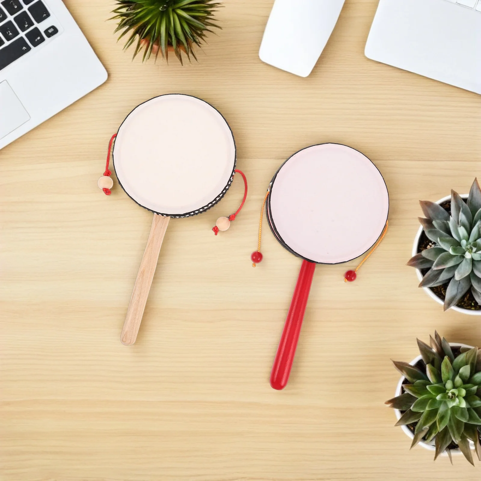 

2Pcs Kids Percussion Instruments Wooden Handheld Drum 4 Inch Red Traditional Rattle Musical Instrument for Toddlers Home