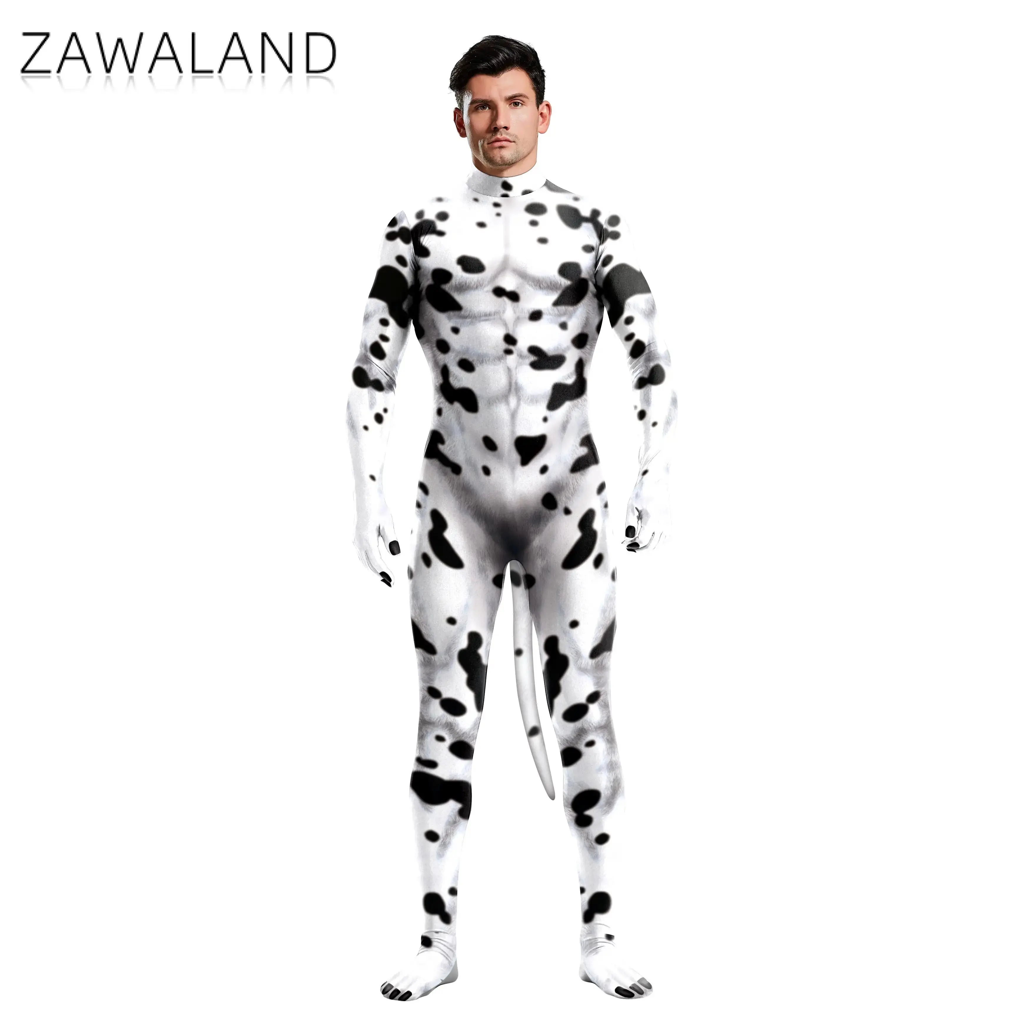 

Zawaland Milk Cow Petsuit with Tail Men Furry Animal Cosplay Costume Halloween Carnival Purim Jumpsuit Male Funny Party Clothes