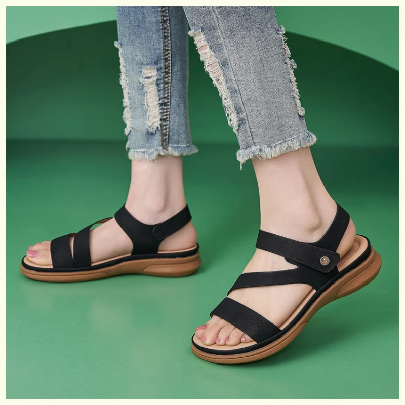 

Womens Summer Breathable Leather Wedge Sandals Soft Non Slip Sole Adjustable Strap Big Size Comfortable Casual Shoes For Moms