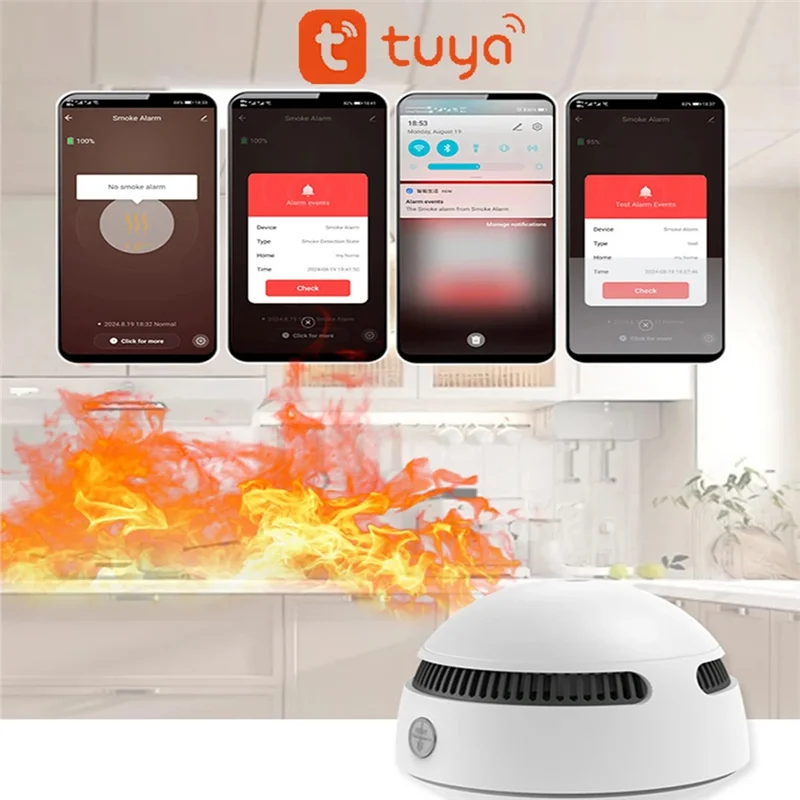 A84E-Tuya Smart Wifi Fire Smoke Detector Sensor For Home Security Alarm Sound For Rooms Kitchens Shops